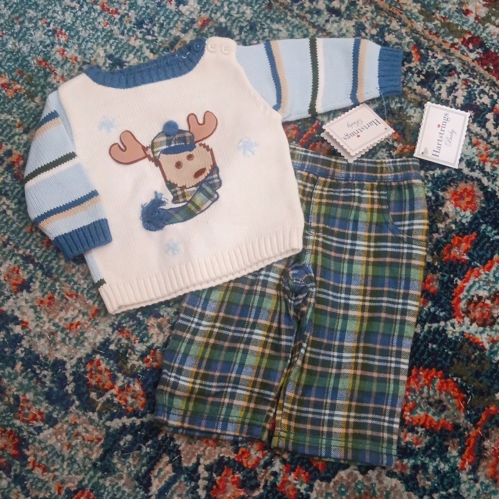 Hartstrings baby sweater and flannel pants outfit